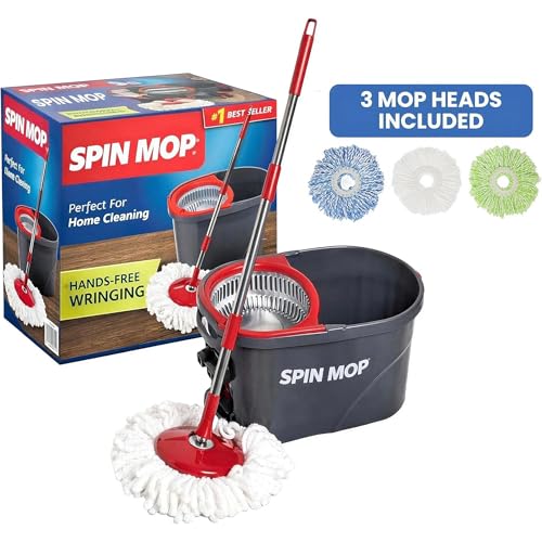 Simpli-Magic 360° Spin Mop and Bucket with Wringer – 10,000 Spin Cycles – 3 High-Absorbent Microfiber Replacement Heads – Mop and Bucket Set for All Types Floor Cleaning - color: Standard, style: 2024 Model