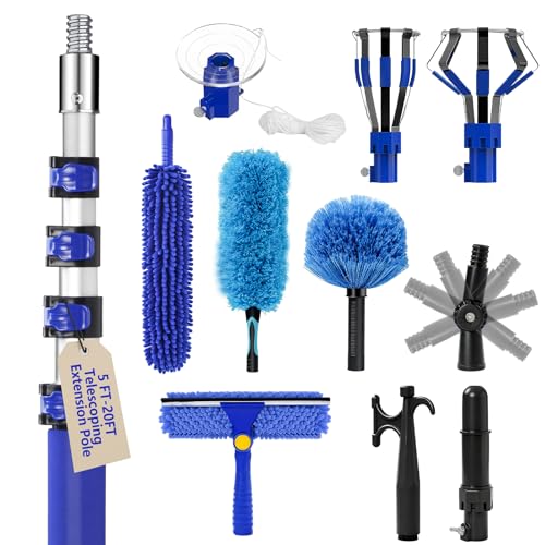 26FT Light Bulb Changer for High Ceilings with 5-20FT Heavy Duty Extension Pole,High Ceiling Fan Duster Extendable Reusable Cobweb,Feather,Window Cleaning Squeegee Kit for Home & House,Interior Roof - color: Blue, size: 20 feet