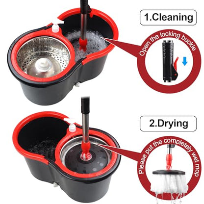 Spin Mop and Bucket with Wringer Set, 360° Spinning Mop Bucket System with 3 Microfiber Mop Replacement Heads, Adjustable Handle for Floor Cleaning (Black) - color: Black
