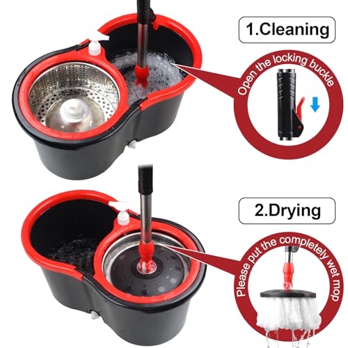 Spin Mop and Bucket with Wringer Set, 360° Spinning Mop Bucket System with 3 Microfiber Mop Replacement Heads, Adjustable Handle for Floor Cleaning (Black) - color: Black