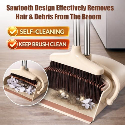 Broom and Dustpan Set with Long Handle and 6 Bonus Cleaning Tools, Upright Standing Combo with Self-Cleaning Teeth & Windproof Dustpan for Pet Hair, Home, Kitchen, Garage, Apartment - color: Beige&coffee