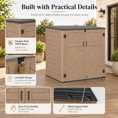 ADDOK 38 Cu.Ft Outdoor Storage Shed with Floor,Large Waterproof Resin Storage Cabinet with Lift-Up Lid,Double Doors and Lockable Design for Lawn Mower,Garden Tools, Patio,Backyard and Pool Supplies - size: Coffee 38 Cu.Ft