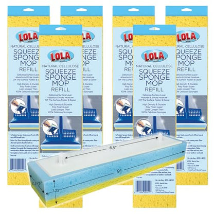 LOLA Squeeze Sponge Mop Refill, 6 Pack, w/Foam & Natural Cellulose Layer, Absorbs and Wicks Moisture, only Fits LOLA Sponge Mop, 9" Head - size: 6 Pack