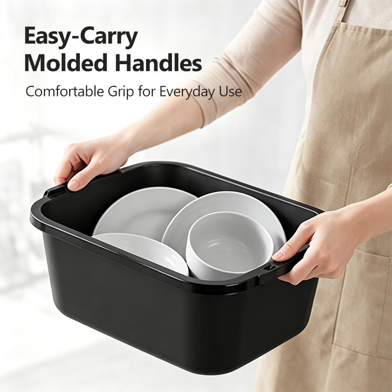 Wash Basin and Dish Pans for Kitchen Sink, 18 Qt Plastic Laundry Tub for Home Cleaning, Portable Water Bucket for Camping, Gardening and Dishwashing, Black, 2 Pack