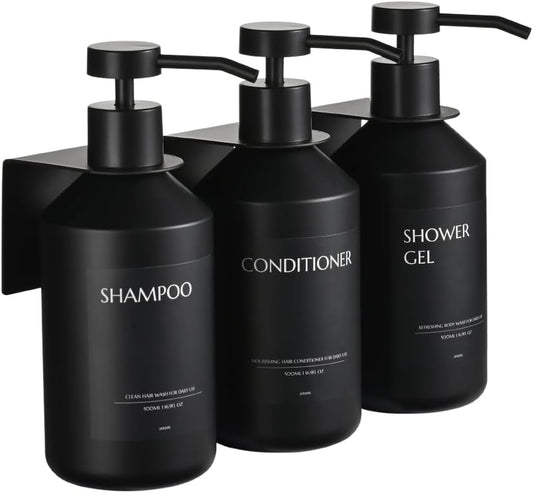 Shampoo and Conditioner Dispenser Set of 3 for Wall Mount,16.9 fl oz Drill Free Shower Soap Bottles with Labels,Refillable Body Wash Dispensers for Bathroom Decor (Black Bottles +Black Pumps) - color: Black Bottles +Black Pumps