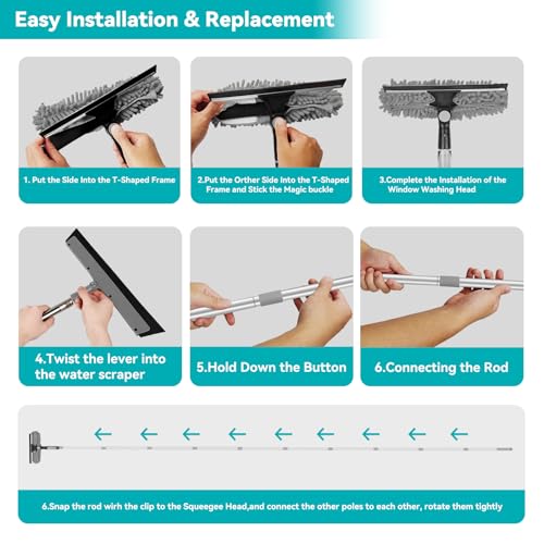 2-in-1 squeegee for window cleaning: 20+ Ft Long Reach cleaner tool with extension pole in home office commercial building Skylight Floor Ceiling Wall Dusting for Homeowner Car Enthusiast DIY Cleaners - color: Gray