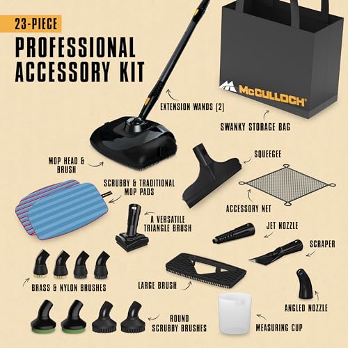 McCulloch MC1385 Deluxe Canister Steam Cleaner, 2-Hour Runtime, Chemical-Free, 23 Accessories: Mop Head, Brushes & More - Built for Home, Tile, Carpet, Furniture, & Personal Car Detailing - size: MC1385