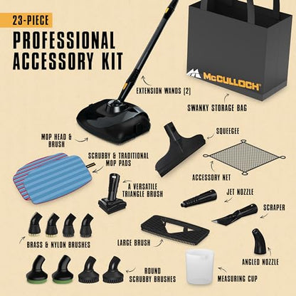 McCulloch MC1385 Deluxe Canister Steam Cleaner, 2-Hour Runtime, Chemical-Free, 23 Accessories: Mop Head, Brushes & More - Built for Home, Tile, Carpet, Furniture, & Personal Car Detailing - size: MC1385