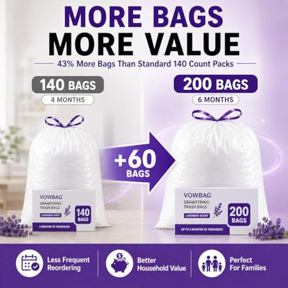 13 Gallon Tall Kitchen Trash Bags, 200 Count Lavender Scented | Drawstring Closure Odor Control Leak Resistant Tear Resistant Easy Tie Handles