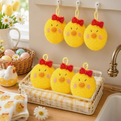 Breling 6 Pieces Chick Shape Dish Sponge Dual Sided Non Scratch Dish Washing Scrubbers, Reusable Household Cleaning Kitchen Tools for Dishwashing Washing Dishes Cookware - style: Chicken