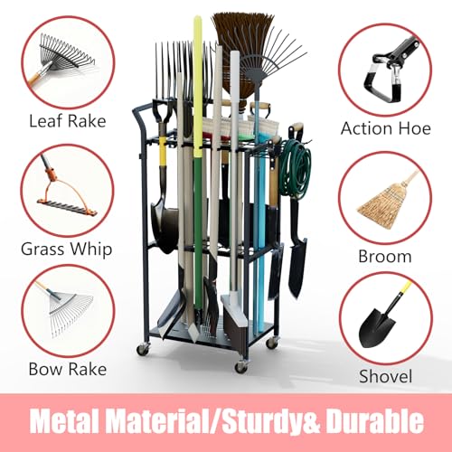 Faesun Garden Tool Organizer with Wheels, Heavy Duty Rolling Yard Tool Rack with 14 Hooks & 5 Slots, 3-Tier Metal Cart Holds 50+ Rakes/Shovels/Brooms, Mobile Lawn Storage for Garage Shed Outdoor - size: Stand-Wheels