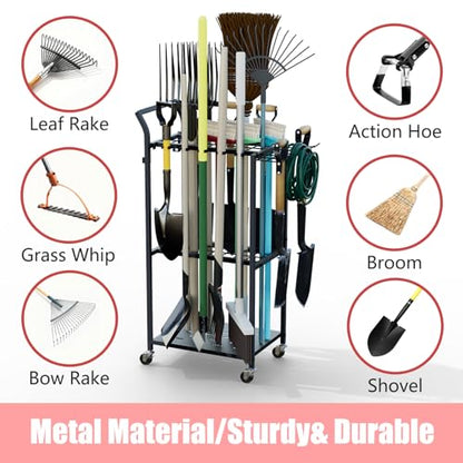 Faesun Garden Tool Organizer with Wheels, Heavy Duty Rolling Yard Tool Rack with 14 Hooks & 5 Slots, 3-Tier Metal Cart Holds 50+ Rakes/Shovels/Brooms, Mobile Lawn Storage for Garage Shed Outdoor - size: Stand-Wheels