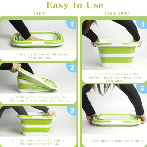 Large Collapsible Bucket for Cleaning, 4.2 Gallon (16L) Silicone Bucket with Handle & Hanging Hole, Foldable Space-Saving Mop Bucket for Home, Storage. Car Wash, Camping, Beach (Green White) - color: Green White
