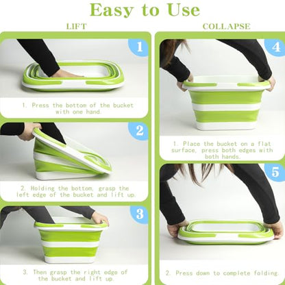 Large Collapsible Bucket for Cleaning, 4.2 Gallon (16L) Silicone Bucket with Handle & Hanging Hole, Foldable Space-Saving Mop Bucket for Home, Storage. Car Wash, Camping, Beach (Green White) - color: Green White