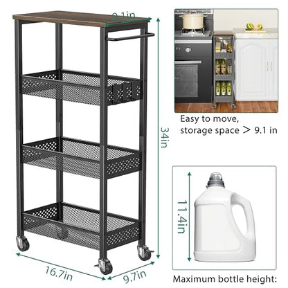 XYZLVSI Slim Storage Cart 4 Tier Fruit and Vegetable Baskets for Kitchen Small Space, Narrow Laundry Cart on Wheels with Wooden Top and Metal Handle for Pantry, Bathroom, Laundry Room - size: 16.7"Dx9.1"Wx34"H