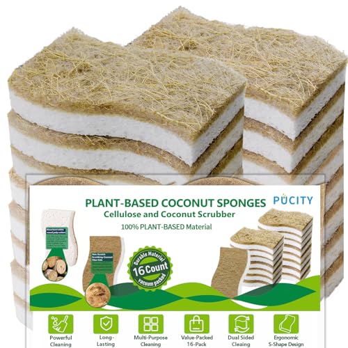 Sponges Kitchen Natural Dish Sponge Plant-Based Biodegradable Compostable Cellulose with Coconut Scrubber Sponge Non Scratch Eco Friendly Kitchen sponges for Kitchen Dishes（Pack of 16） - size: Pack of 16