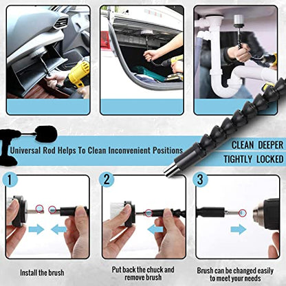 HUAWELL 8 Piece Soft White Drill Brush with Extend Attachment Set-Car Interior Detailing Kit, All Purpose for Car, Boat, Seat, Carpet, Upholstery, Bathroom, Grout, Floor and Tile (White) - color: White
