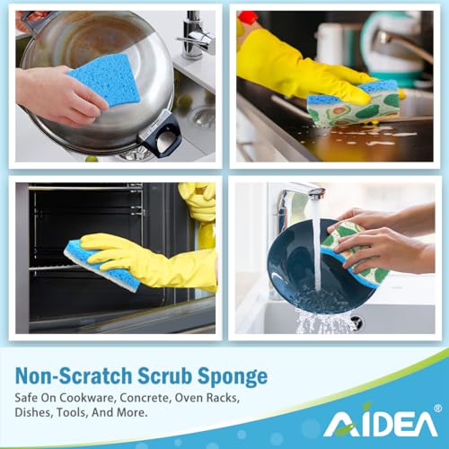 AIDEA Sponges Kitchen, Non-Scratch Scrub Sponge-6Count, Sponges for Non-Stick Cookware, Cellulose Sponge for Dishes, Cleans Fast Without Scratching, Cleaning Power for Kitchen, Bathroom, Household - color: Printed-blue