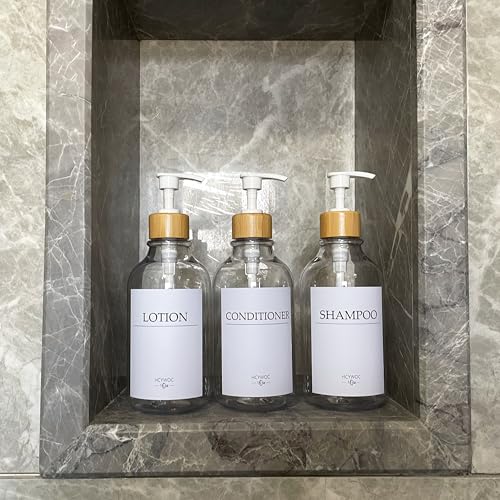 Shampoo Dispenser for Shower Wall, Shampoo and Conditioner Dispenser with 16 Waterproof Labels, No Drill Shower Soap Dispenser Bathroom, Shower Soap Dispenser Wall Mounted,17oz, 3 Pack, Clear - color: 1-clear Bottle + Bamboo Pump