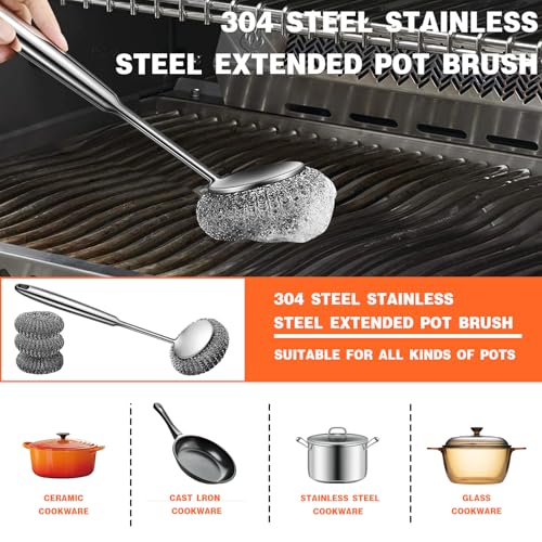 Stainless Steel Scourer Scrub Set with Long Handle Brush+Steel Ball+Screwdriver Metal Scouring Pad Removes Grease, Oil and Dirt Stains from Pots, Dishes and Bakeware (B) - color: B