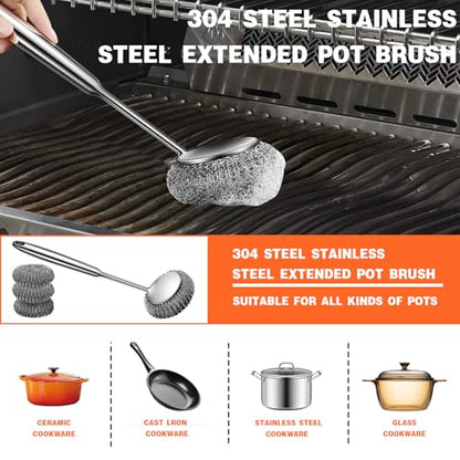 Stainless Steel Scourer Scrub Set with Long Handle Brush+Steel Ball+Screwdriver Metal Scouring Pad Removes Grease, Oil and Dirt Stains from Pots, Dishes and Bakeware (B) - color: B