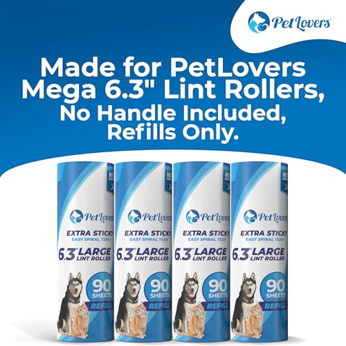 PetLovers 6.3" Extra Sticky Lint Roller 4 Pack of Large Refills Only - No Handle Included - 90 Sheets Per Refill 360 Sheets Total 4 Pack - size: 4 Pack Large Refills