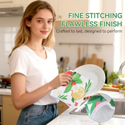 Decorative Kitchen Towels - Set of 2 Dish Towels for Kitchen 14 x 30 Inch Decoration Strawberry Hand Towels Soft & Ultra Absorbent, Reusable Quick Dry Microfiber Cloths for Baking Cooking Cleaning