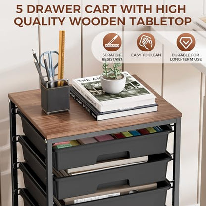 SYKIARIOL 5-Tier Rolling Utility Storage Drawer Craft Cart on Wheels with Wooden Tabletop, Mobile Craft Storage Drawer Cart Trolley for Home Office, Classroom, Craft Room & Kid Room, Black - color: Black