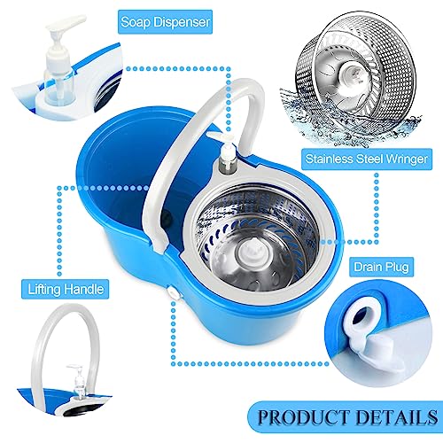 Spin Mop and Bucket Set, Mop and Bucket with Wringer Set, 360°Spin Mop Kit with 2 Extra Microfiber Mop Replacement Heads, Spinning Mop Bucket System for Floor Cleaning (Blue) - color: Blue