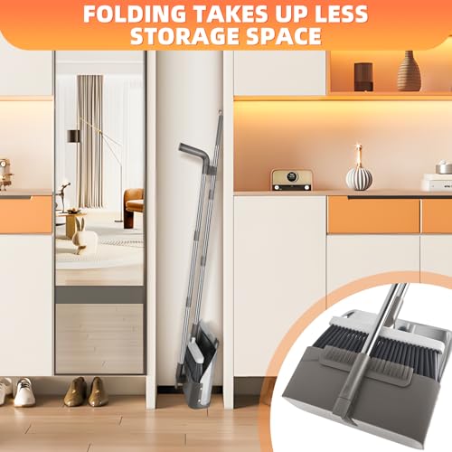 Broom with Dustpan Combo Set, Heavy Duty Standing Metal Dust Pan with Teeth, Indoor Outdoor Up for Home Kitchen Lobby Room Office, Grey - color: Gray