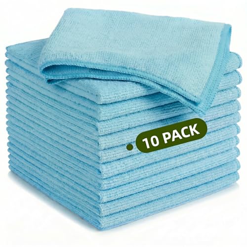 Microfiber Cleaning Cloth 10 Pack, 9.8 x 9.8 Inch Towels, Ultra Absorbent & Lint-Free, Streak-Free Rags for Car, Kitchen, Window & Household, Reusable Washable Cleaning Cloths (Blue) - color: Blue