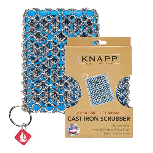 Knapp Made Premium Cast Iron Cleaner, 2-in-1 Combo Chainmail Scrubber with Silicone Core, Heavy Duty & Fine Mesh Rings for Cookware, Skillets and Pots, Premium Cast Iron Cleaner – Ice Blue - color: Ice Blue