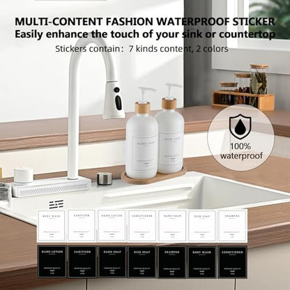 White Glass Soap Dispenser - Hand Dish Soap Dispenser Set for Kitchen, Bathroom with Sturdy Pump and Tray, 14 Waterproof Labels,Refillable Soap Lotion Dispenser-White - color: White Bottle + 14 Labels + Funnel + Tray