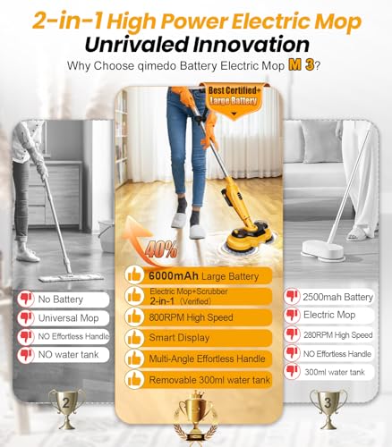 qimedo 6000mAh Battery Cordless Electric Mop M3, 800RPM Electric Power Scrubber & Mops for Floor Cleaning, Automatic Spin Mops with Smart Display,Rotating Mop with LED Light & Water Spray