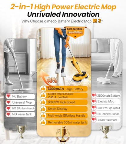 qimedo 6000mAh Battery Cordless Electric Mop M3, 800RPM Electric Power Scrubber & Mops for Floor Cleaning, Automatic Spin Mops with Smart Display,Rotating Mop with LED Light & Water Spray