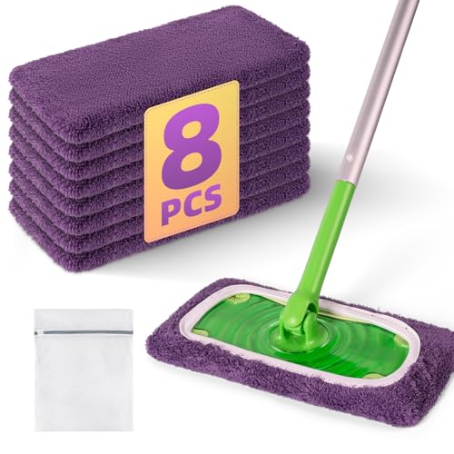 8 Pack Reusable Mop Pads Compatible with Swiffer Sweeper Mop, Dry and Wet Pads Refill, Microfiber Pads, Washable Sweeping Cloths for Surface/Hardwood Floor Cleaning (Purple) - color: Purple