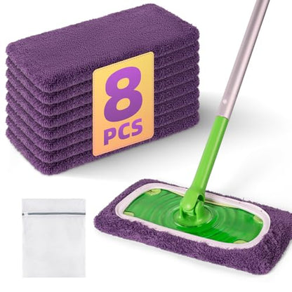 8 Pack Reusable Mop Pads Compatible with Swiffer Sweeper Mop, Dry and Wet Pads Refill, Microfiber Pads, Washable Sweeping Cloths for Surface/Hardwood Floor Cleaning (Purple) - color: Purple