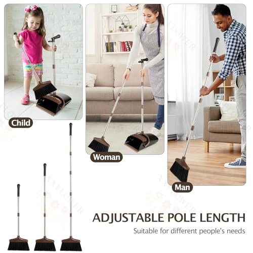 Broom and Dustpan Set with Long Handle, Light Weight Stainless Steel Poles Stand Upright Dustpans with Broom Combo for Home Kitchen Office Pet Dog Hair, 1-Pack (Black Brown) - color: Black Brown