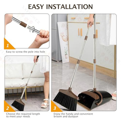 Broom and Dustpan Set with Long Handle, Light Weight Stainless Steel Poles Stand Upright Dustpans with Broom Combo for Home Kitchen Office Pet Dog Hair, 1-Pack (Black Brown) - color: Black Brown