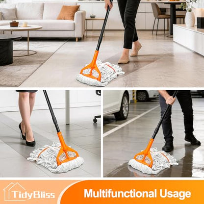 TidyBliss Commercial Mop Heavy Duty, 55 inches Long Handle Large Looped-End Industrial String Floor Cleaner, Professional Dry Wet Cotton Cleaning Tool for Concrete Tile Hardwood Office Garage (Orange)
