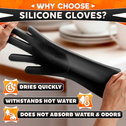 ALPENKOK Silicone Dishwashing Gloves with Scrubber – Non-Slip Silicone Gloves for Washing Dishes | Household Use - color: Black