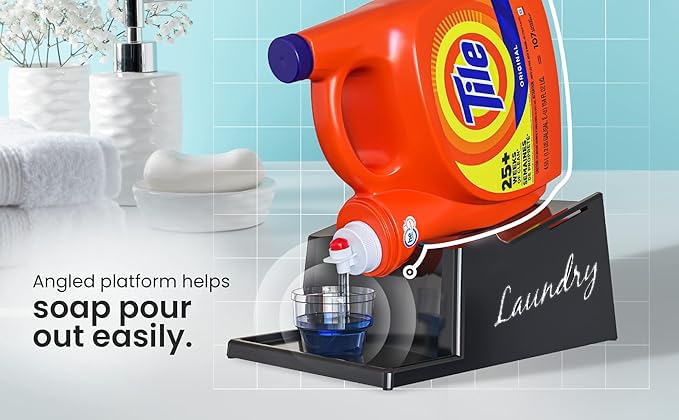 TidyFriend Liquid Laundry Detergent Holder Stand with Drip Tray & Rubber-Grip Feet, Stand for Laundry Room Organization and Storage, Fabric Softener Dispenser with Cup Holder (Black with Print) - color: Black/White Print