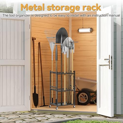 Cuteam Garden Tool Organizer, 35-Slot Steel Rolling Rack with Wheels, Adjustable Feet Yard Tool Rack for Shovels, Rakes, Brooms and Cleaning Equipment, Efficient Tool Organization System (Black)