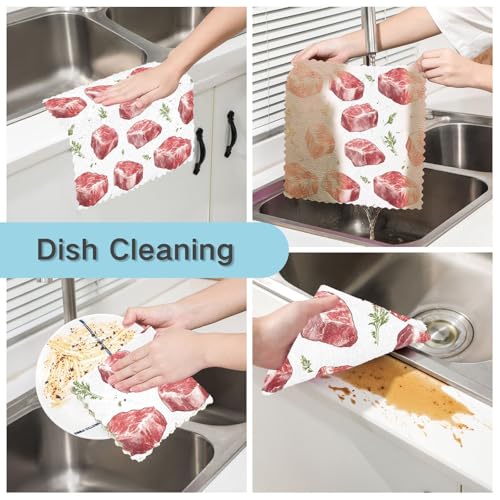 Kitchen Dish Cloths Beef Meat Steak Pattern 6 Pack Dish Towels for Drying Dishes Ultra Soft Absorbent Cleaning Towels Dish Rags, 11 X 11 Inches