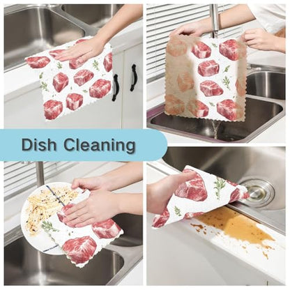 Kitchen Dish Cloths Beef Meat Steak Pattern 6 Pack Dish Towels for Drying Dishes Ultra Soft Absorbent Cleaning Towels Dish Rags, 11 X 11 Inches