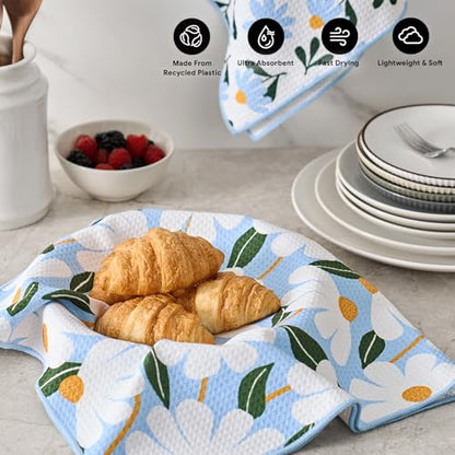 RECYCO Waffle Kitchen Towel Set of 2 - Quick Dry Microfiber Sustainable Dish Towels - Ultra Absorbent Reusable Cleaning Tea Towels - Lightweight Hand Towels,16”x 28”, Daisy Dreams - color: Daisy Dreams