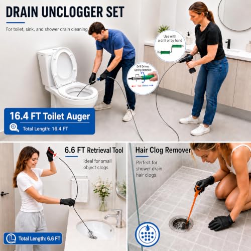 Drain Snake Clog Remover Kit, 16.4Ft / 5M Drain Auger Cable with Auto Feed Tool & Drill Adapter,79 Inch / 2M Grabber Claw, Hair Drain Cleaner for Sink Shower Tub Gutter Downspout