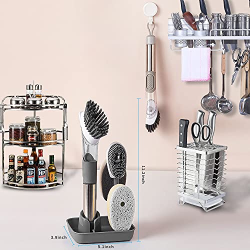 4-in-1 Dish Cleaning Brush Soap Dispensing Dish Brush Set with 4 Replacement Heads and Storage Holder, Kitchen Scrub Brush for Dish Pot Pan Sink Cleaning (Grey) - color: Gray