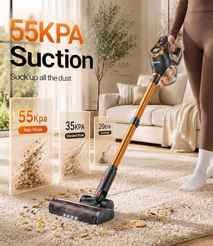 Cordless Vacuum Cleaner, 55Kpa Vacuum Cleaners for Home, Max 80mins Runtime Stick Vacuum with LED Display&1.5L Dust Cup, Rechargeable Lightweight Handheld Vacuum for Carpet/Hardwood Floor/Pet Hair/Car