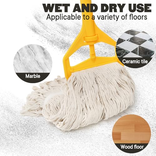 Yesland Commercial Mop with 2 Mop Heads, Industrial Cotton Mops with 61inch Long Handle, Heavy Duty Looped-End String Wet Mops for Cleaning Office Garage Hardwood Warehouse Factory Mall Deck